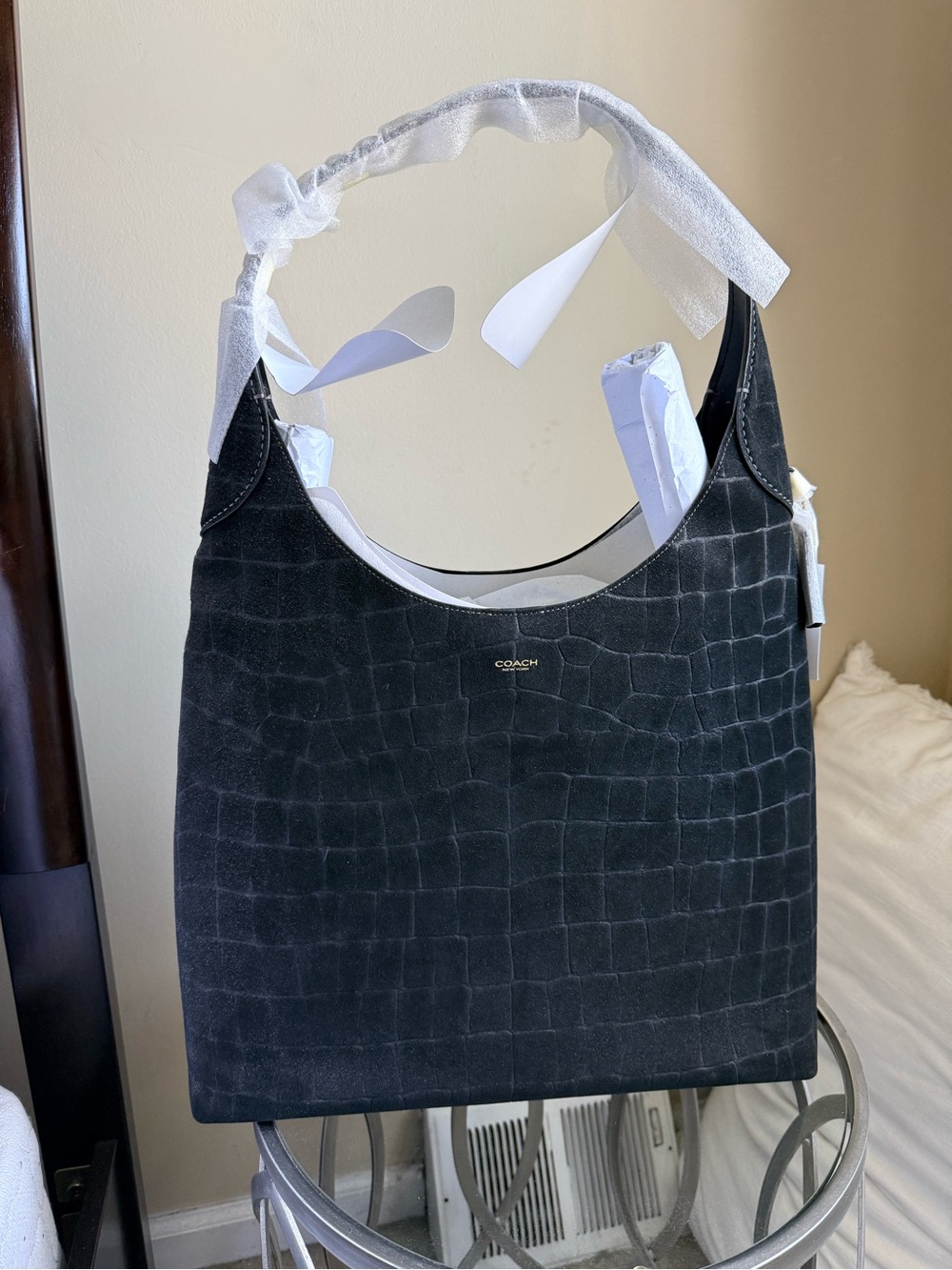 Coach Black Croc-Embossed Suede Shoulder Bag